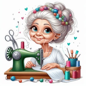 K&ouml;nnte beinhalten: Eine Frau mit grauem Haar und einem Blumenkopfband sitzt an einer N&auml;hmaschine. Sie verwendet die Maschine, um ein St&uuml;ck wei&szlig;en Stoff zu n&auml;hen. Auf dem Tisch stehen Garnrollen und Nadeln in einem Beh&auml;lter.