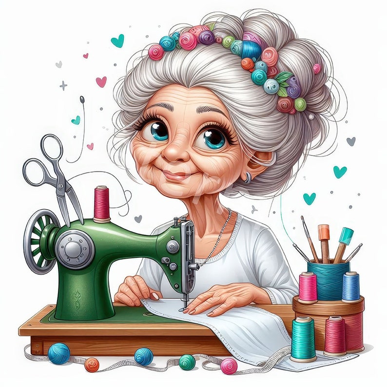 K&ouml;nnte beinhalten: Eine Frau mit grauem Haar und einem Blumenkopfband sitzt an einer N&auml;hmaschine. Sie verwendet die Maschine, um ein St&uuml;ck wei&szlig;en Stoff zu n&auml;hen. Auf dem Tisch stehen Garnrollen und Nadeln in einem Beh&auml;lter.