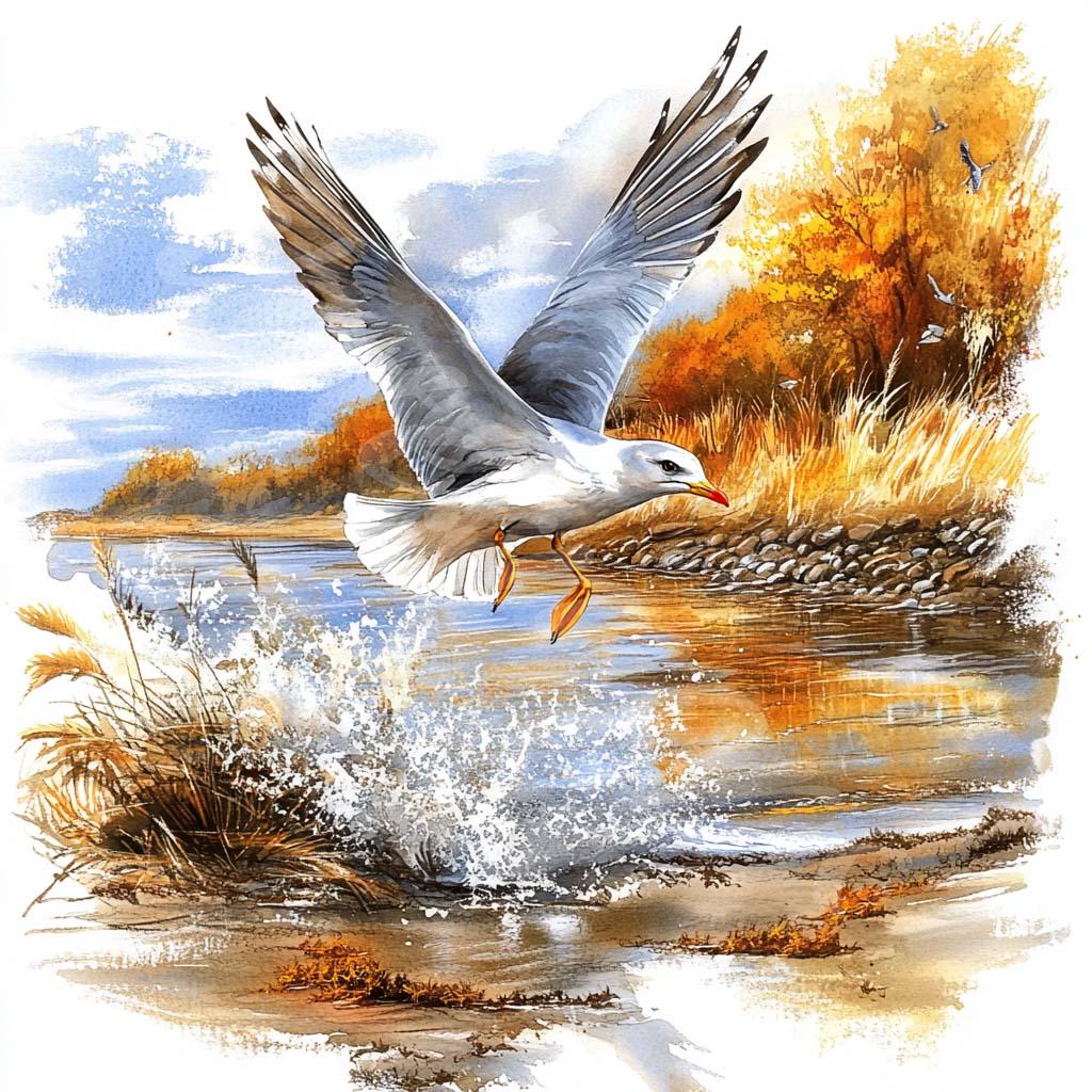 水彩カモメのクリップアート：海辺の鳥のグラフィック（デジタル