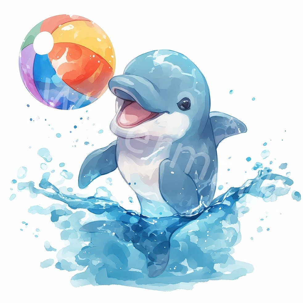 水彩画のイルカの赤ちゃんのクリップアート：デジタルイラスト（JPG