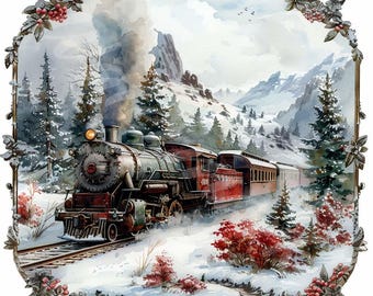 Vintage Train Clipart: Retro Locomotive Watercolor Art (Digital Download)