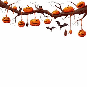 May include: A bare tree branch with carved jack-o'-lantern pumpkins hanging from it. There are also black bats and cats hanging from the branch.