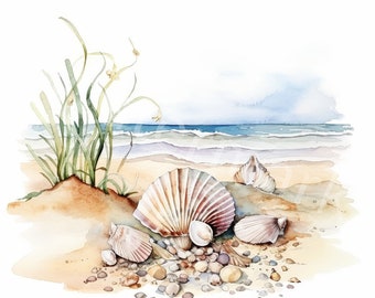 Sea Beach Clipart, 12 JPG, Digital Download, Sea Shells, Card Making, Junk Journal, Digital Scrapbooking,Digital Paper Craft, Commercial Use