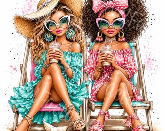 Friends Clipart: Whimsical Curly Girls Summer Beach Vibes (Digital Download) 10 JPG