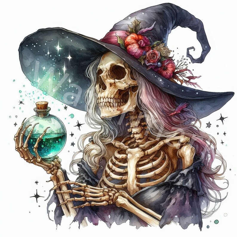 May include: A watercolour illustration of a skeleton witch wearing a black hat with a floral embellishment. She is holding a glass bottle filled with a green liquid. The background is white with stars.