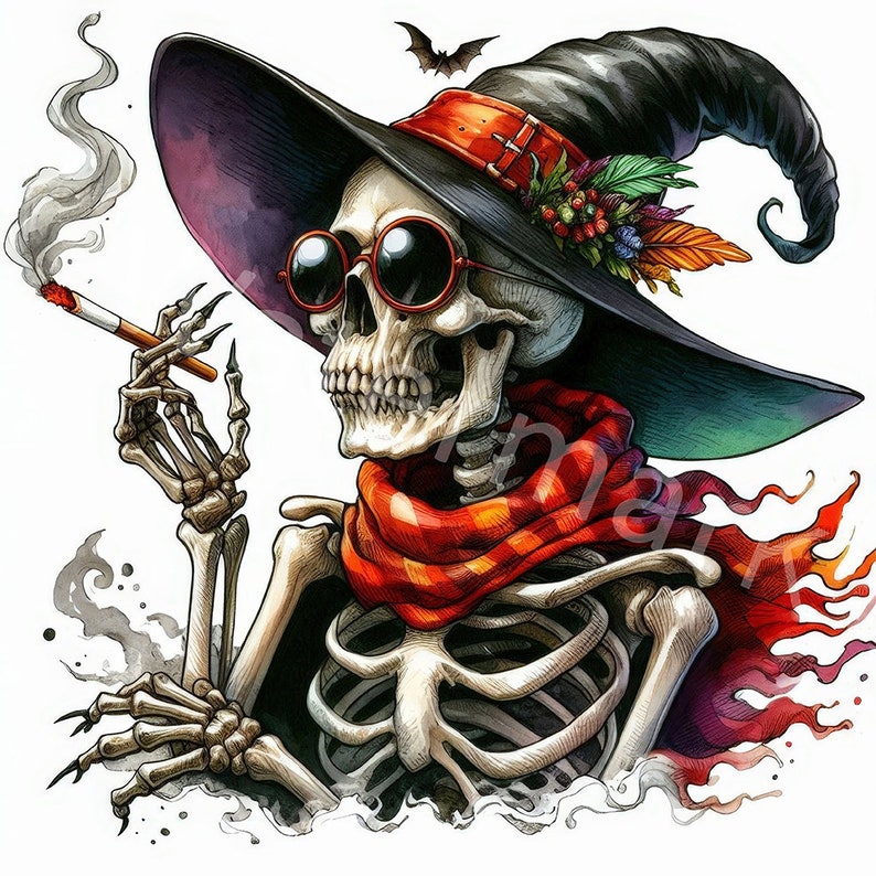 May include: A skeleton wearing a witch's hat with a red and orange scarf, sunglasses, and holding a cigarette. The skeleton is surrounded by smoke.