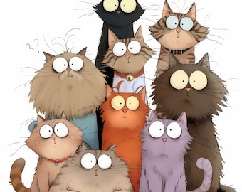 Funny Cats Clipart: Whimsical Kitty Illustrations (Digital Download), JPG