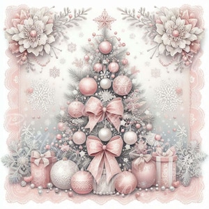 May include: A digital illustration of a Christmas tree adorned with pink baubles, bows, and presents. The image features snowflakes, floral details, and a soft pink lace border, creating a delicate and festive atmosphere.