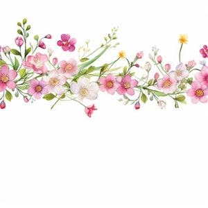 Può includere: Un dipinto ad acquerello di un bordo floreale con fiori rosa e bianchi e foglie verdi. I fiori sono disposti in fila e sono circondati da foglie verdi. Lo sfondo è bianco.