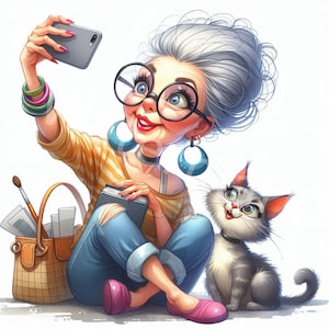 Funny old ladies with cat clipart, 11 JPG, Digital Download, Senior Graphics, Women Selfies, Junk Journal, Digital Paper Craft, Scrapbooking