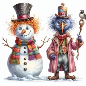 Clipart Noël bonhomme de neige drôle, 11 JPG, téléchargement numérique, oiseau fou de Noël, illustrations pour enfants, journal indésirable, créations en papier, art mural
