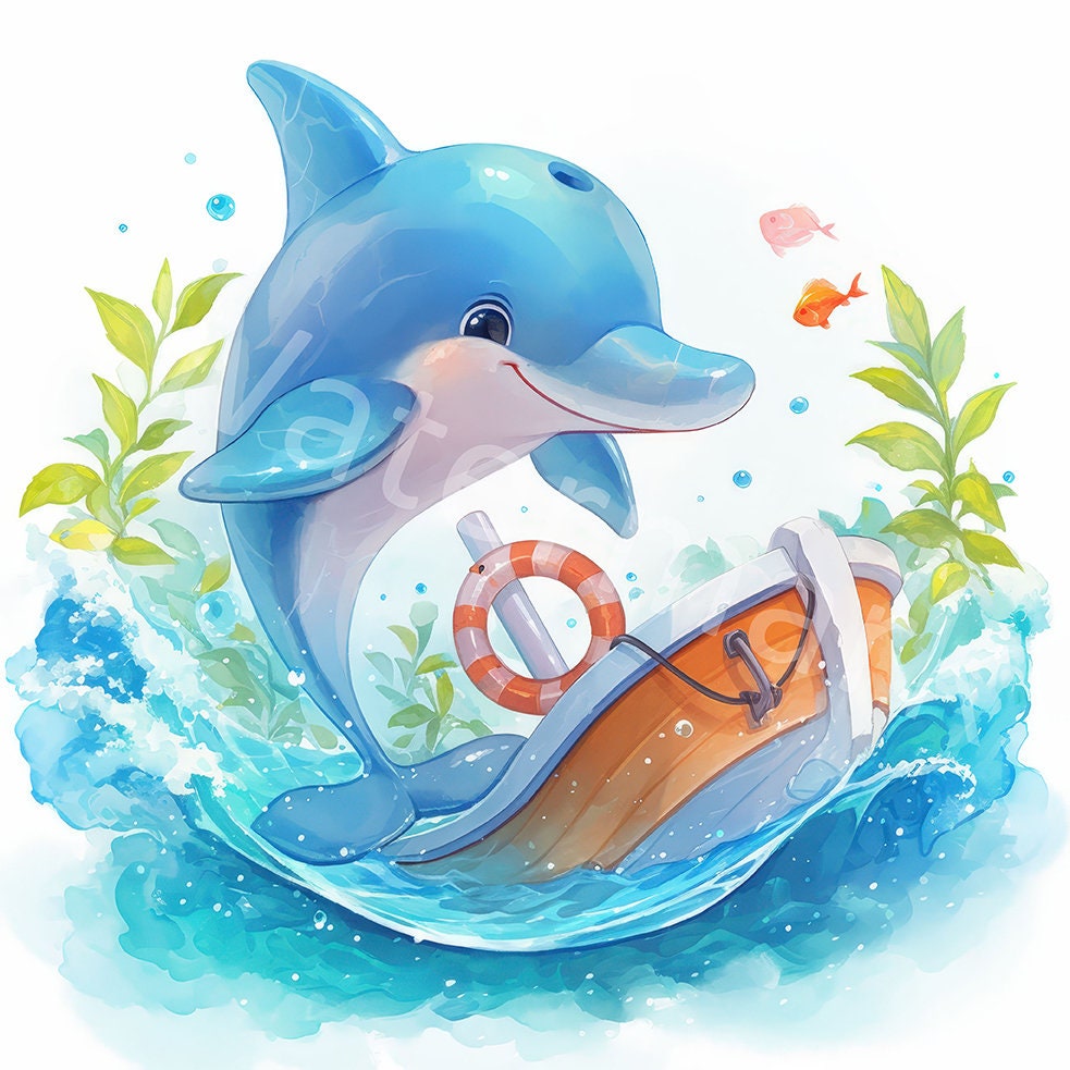 水彩画のイルカの赤ちゃんのクリップアート：デジタルイラスト（JPG