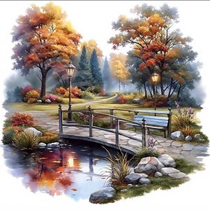 May include: A painting of a park scene with a bridge over a pond. The bridge is made of stone and has a wooden railing. There is a bench on the bridge and a lamppost on either side. The trees are in autumn colors and there are some bushes and flowers in the foreground.