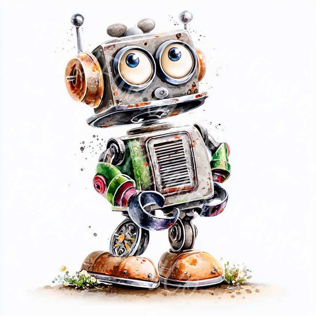 Retro Robot Clipart Bundle: Watercolor Cartoon Robots (17 JPG ...