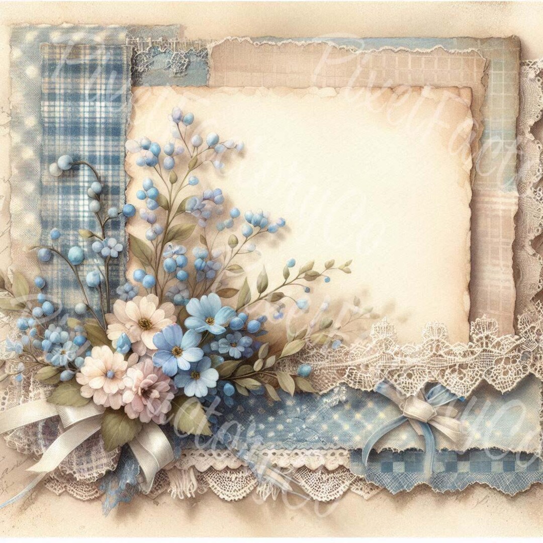 Blue Floral Calico Paper: Vintage Scrapbook Clipart (digital Download ...