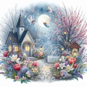 Fairy Cottage Garden clipart magische huis scène digitale JPG-illustraties voor kaarten muur kunst tijdschriften Fantasy decor projecten stickers plakboeken
