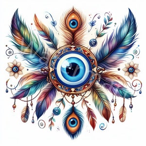 Op de afbeelding: Een blauwe boze oog-amulet omringd door kleurrijke veren en kralen. Het boze oog is een symbool van bescherming tegen negatieve energie en ongeluk.