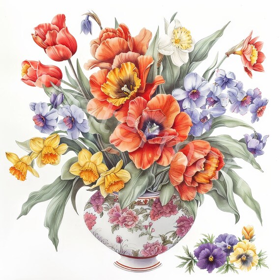 水彩画の春の花のクリップアート：生け花のフローラルアート（デジタル