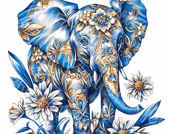 Blue Floral Elephant Clipart: Scrapbooking & Wall Art (14 JPG Digital Download