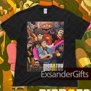 May include: Black t-shirt with a vibrant graphic of cartoon characters. The design includes the word "DISPATCH" and the text "ExsanderGifts" in white. The shirt is made of a soft material and is suitable for casual wear.