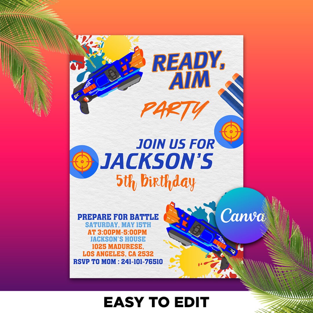 Kids Editable Nerf Birthday Invitation Template, Printable Birthday ...