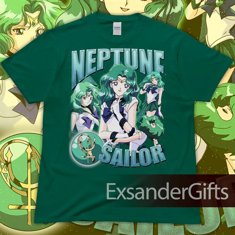 May include: A dark green t-shirt featuring the words "NEPTUNE SAILOR" in a light blue font, along with multiple illustrations of a character with green hair and a white and blue outfit. The text "ExsanderGifts" is at the bottom.