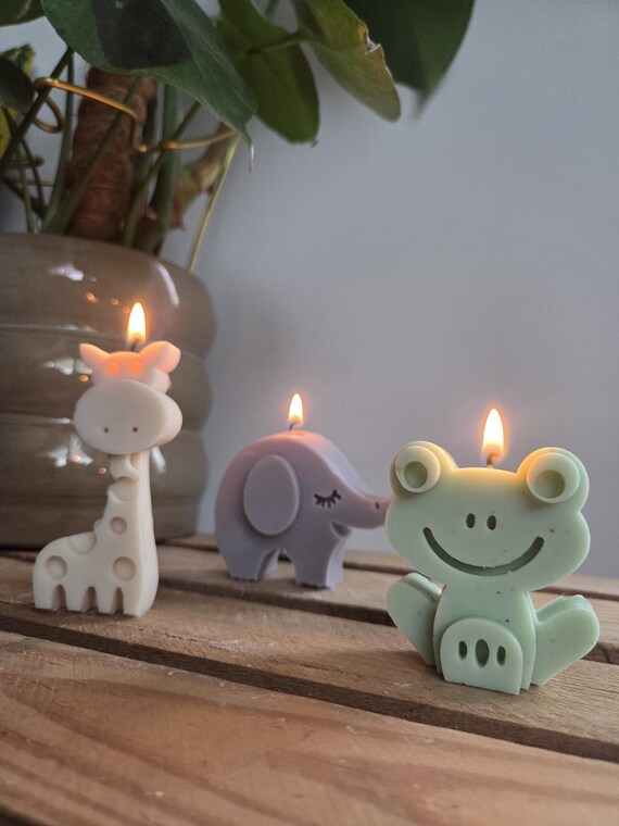 Tierkerzen Set | Frosch, Elefant & Giraffe | Handgemachte Kinderkerze | Geschenkidee zur Geburt | Tiermotive Kerze aus Rapswachs