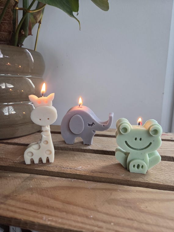 Tierkerzen Set | Frosch, Elefant & Giraffe | Handgemachte Kinderkerze | Geschenkidee zur Geburt | Tiermotive Kerze aus Rapswachs