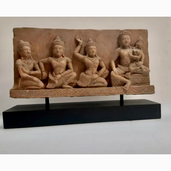 Museum Piece: Vintage Carved Sandstone Slab Sculpture on Stand