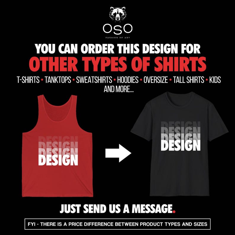 May include: A red tank top and a black t-shirt with the word "DESIGN" in a stacked, layered design. The image includes the text "YOU CAN ORDER THIS DESIGN FOR OTHER TYPES OF SHIRTS" and "JUST SEND US A MESSAGE."