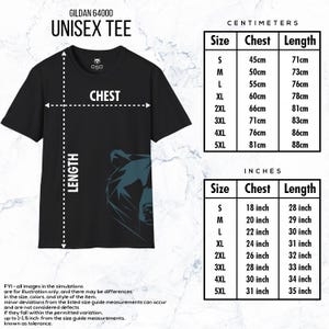 May include: Black Gildan 64000 unisex tee shirt with a graphic design. The shirt has a crew neck and short sleeves. Size chart shows chest measurements from 18 inches to 31 inches and length from 28 inches to 35 inches.