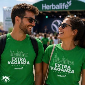 May include: Two people wearing green t-shirts with the text "EXTRA VAGANZA KRAKOW 2026 Herbalife" and sunglasses are smiling. The Herbalife logo is visible in the background. The shirts have a white graphic of a city skyline.