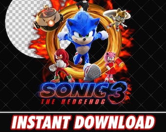 May include: A digital illustration featuring the characters from the Sonic the Hedgehog movie franchise. The characters are Sonic, Tails, Knuckles, Shadow, and Dr. Robotnik. The characters are posed in front of a golden ring with flames behind them. The text "Sonic The Hedgehog" is displayed below the characters.