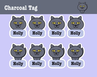 Charcoal Cat Personalised name label for daycare waterproof labels for kids stickers for school water bottles labels for Camp Sports Gift