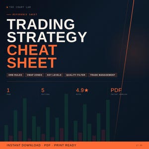 May include: A digital reference sheet titled "Trading Strategy Cheat Sheet" with a dark blue background. The title is in large white and orange text. Includes sections on ORB rules, VWAP zones, and key levels. Features a rating of 4.9 stars.