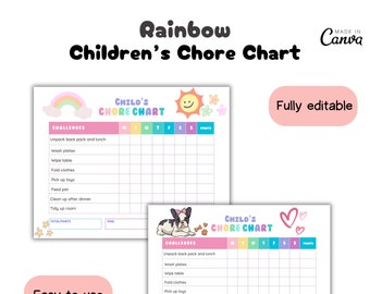 May include: Printable chore chart for kids with a rainbow, sun, and flowers. The chart has a space for each day of the week and a list of chores to complete. The text says "Child's Chore Chart" and "Fully editable".