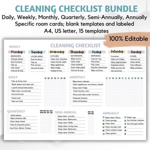 編集可能な掃除スケジュールバンドル | 掃除プランナーバンドル | 週ごと、月ごと、年ごとの掃除チェックリスト | 家族の雑用表