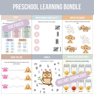 May include: A printable preschool learning bundle with 200 pages of activities. The activities include tracing lines, matching images, identifying vowels, and counting. The bundle is designed for children ages 3-5.