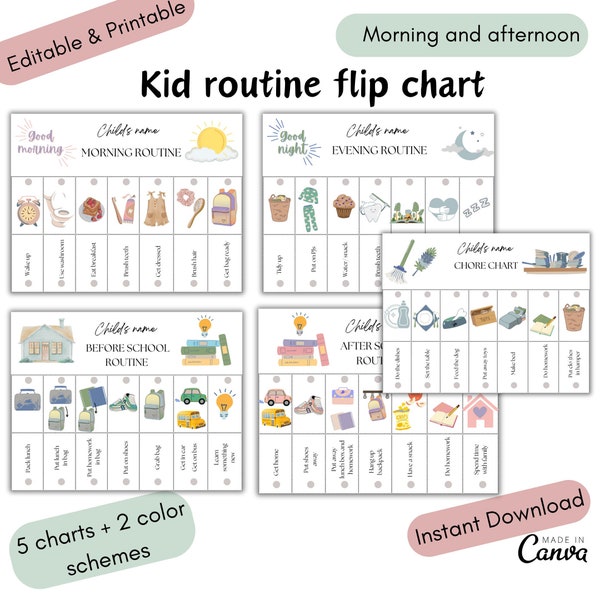 Routine Flip-over Bewerkbare ochtend-avond Schoolklus Visueel schema Dagelijkse routinekaarten voor kinderen met afbeeldingen Verschillende kleurenschema's