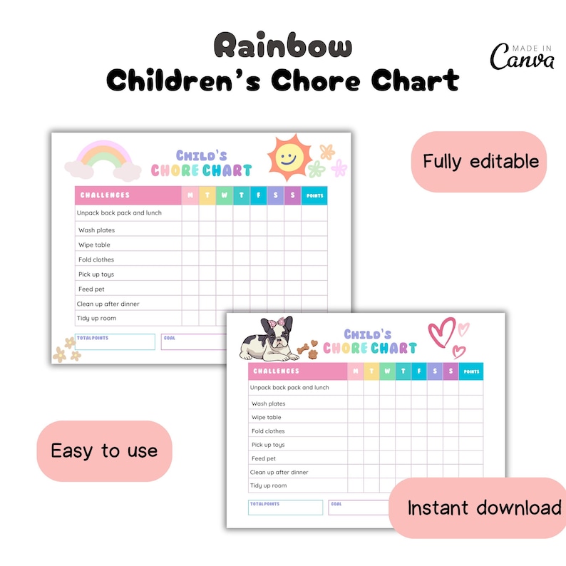 Editable Rainbow Kids Chore Chart | Daily Routine | Allowances | Daily ...