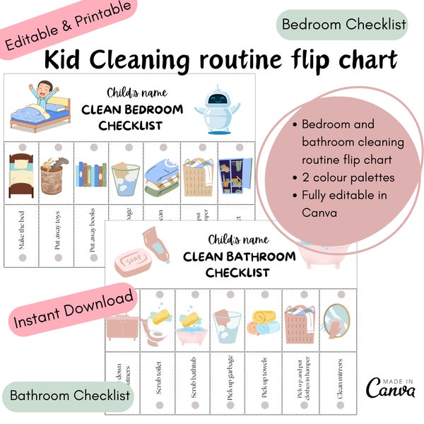 Routine Cleaning Flip Chart Editable Visual Schedule Kids Daily Cleaning Routine Cards with Pictures Different colour schemes Cleaning list