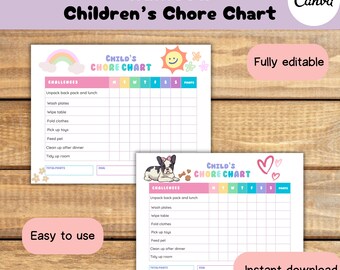 May include: Printable chore chart for kids with a rainbow and sun design. The chart includes a list of chores, days of the week, and points for completing tasks. The text "Child's Chore Chart" is at the top of the chart.