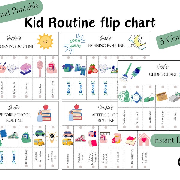 Routine Flip Chart Editable Morning Evening School Chore Visual Schedule Kids Daily Routine Cards with pictures Different colour schemes