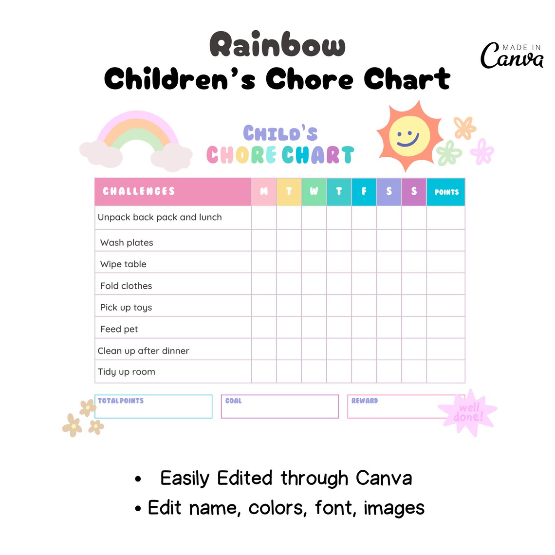 Editable Rainbow Kids Chore Chart | Daily Routine | Allowances | Daily ...