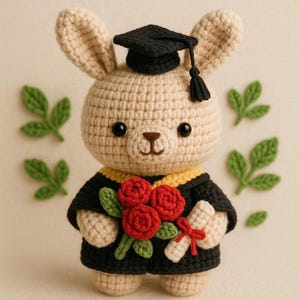 Muñeco de crochet de conejo de graduación: conejito amigurumi hecho a mano con flores de hilo y diploma de regalo.