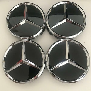 4x Caches Moyeu Mercedes 75 mm noir brillant Logo embleme Jante Centre De Roue Neuf