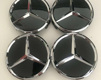 4x Mercedes Hub Covers 75 mm glossy black Logo emblem Rim Wheel Center New