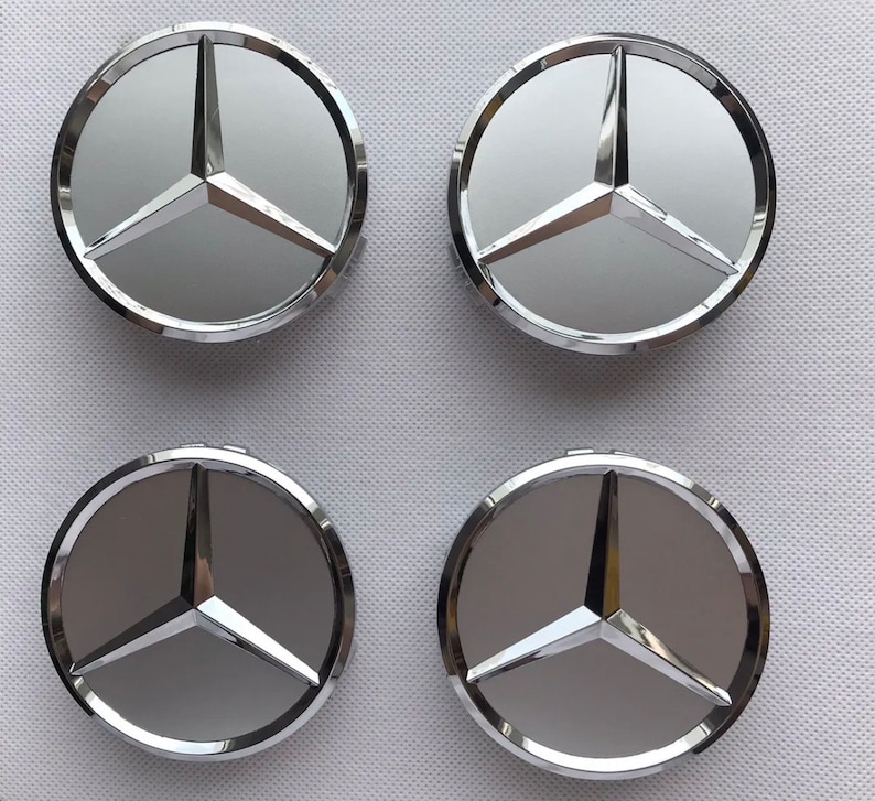 4x Mercedes Hub Covers 75 mm silver Logo emblem Rim Wheel Center New image 1