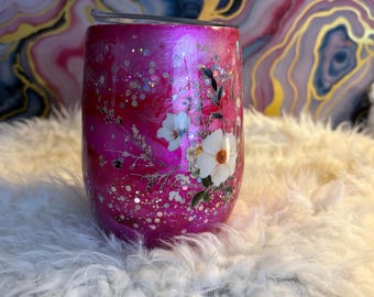 Floral Hot Pink Glitter Tumbler: Insulated Stainless Steel Cup