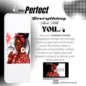 May include: A digital illustration of a woman with red and white checkered clothing and a red headband. The text "Pin Perfect Everything Starts With You..." is displayed above the woman. The text "Digital Downloads Ready to Use" is displayed on a computer screen below the woman.